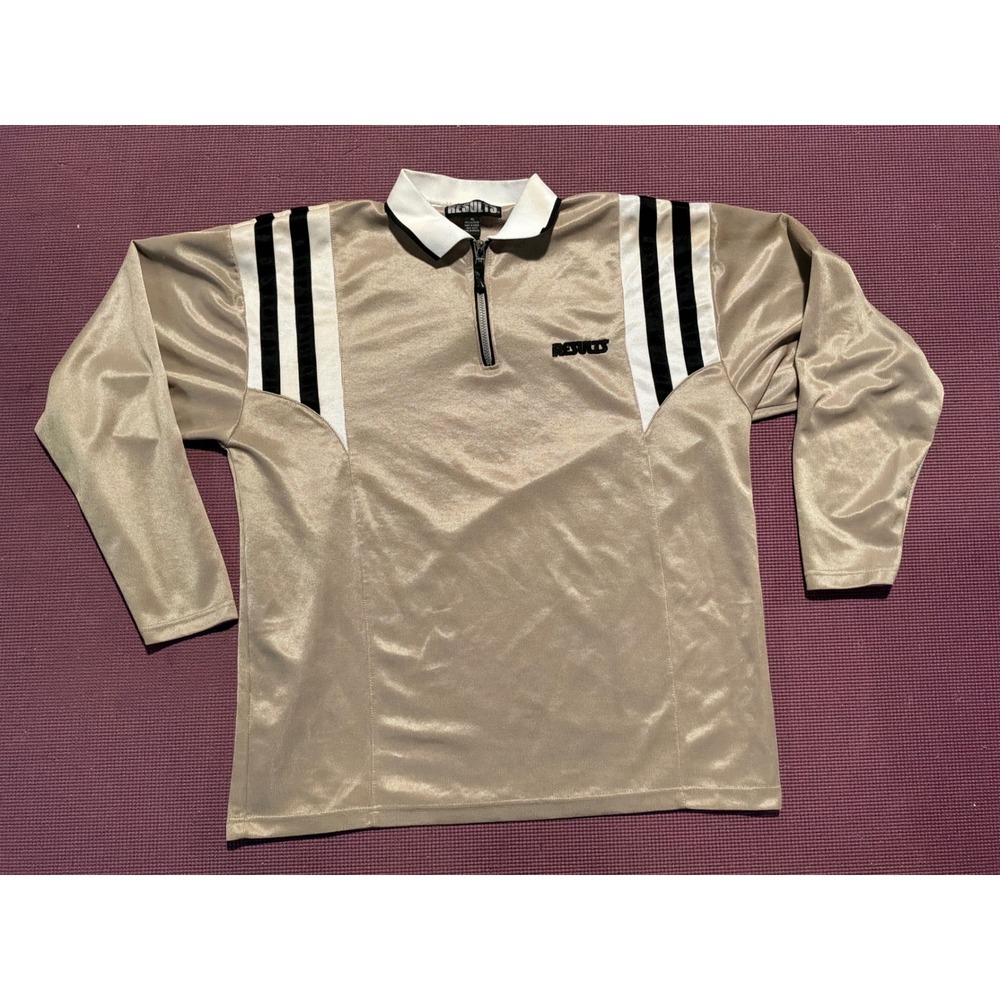 Results Mens XL Champagne Gold Quarter Zip Long Sleeve Polo Racing Stripe Shirt